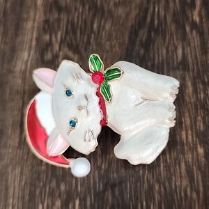 Christmas Kitty Cat Brooch Aqua Gem Eyes